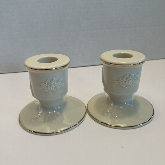 Vintage Lenox Ivory Gold Trim Porcelain Candleholders Tapers Pair Roses - Picture 9 of 12